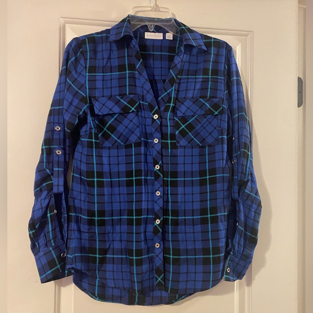 New York & Company Black and Blue Plaid Shirt